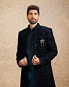 Dark Blue Self Patterned Indo-Western Set